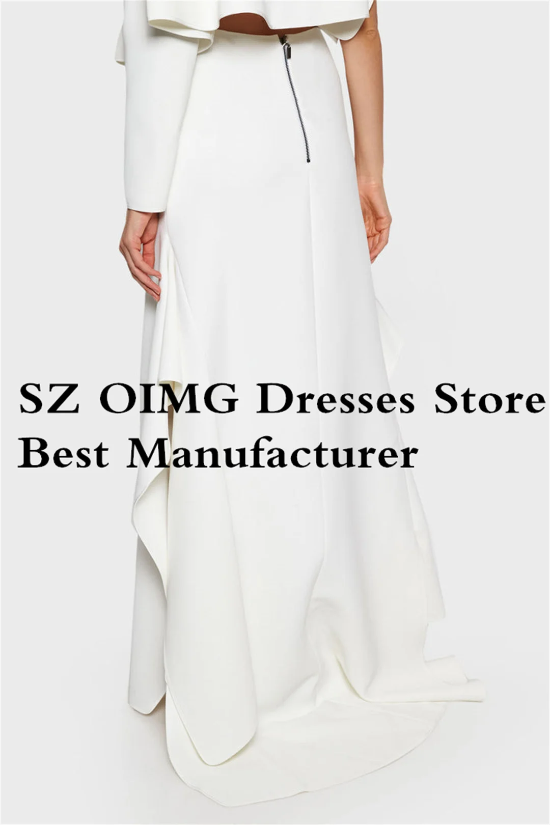 OIMG Two Pieces Ivory Prom Maxi Dresses Long Sleeves Backless Crepe Satin Zipped Ruched Evening Gowns Formal Party Dress