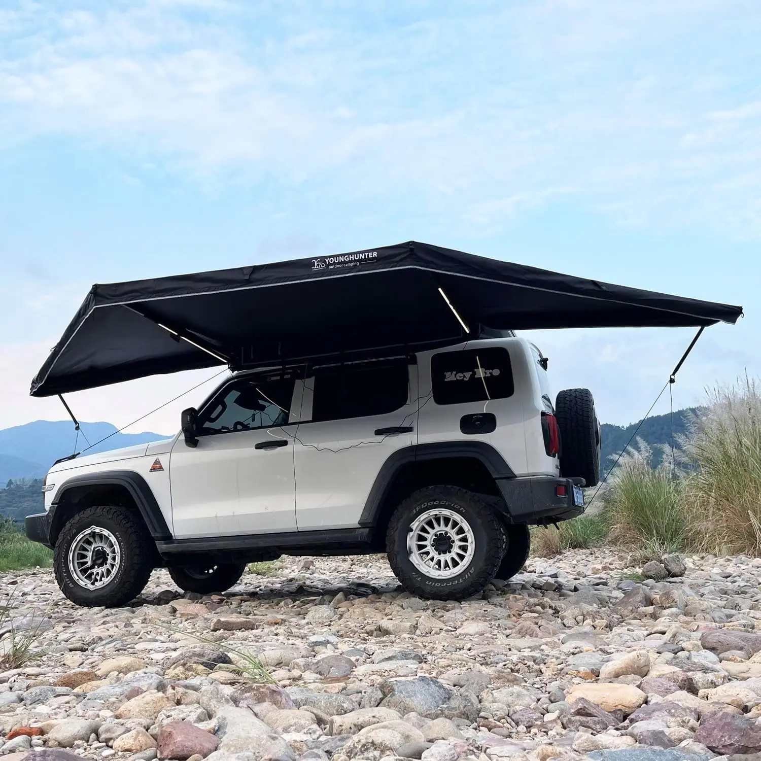 Toldo lateral independiente, dosel para acampar Suv de 2 metros, toldo de poste libre con marco de aluminio para vehículo de 4Wd, color negro ligero