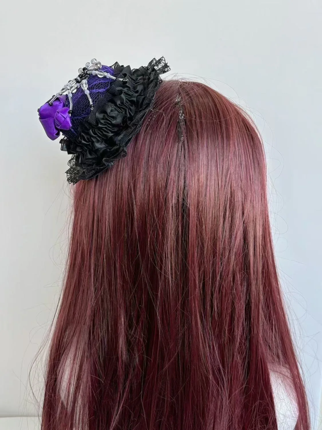 Lolita Ball Top Hat Lace Bead Dark Purple Goth Top Hat Hair Accessories Headdress Punk Spider Roses Side Clip Rose Headwear Hats