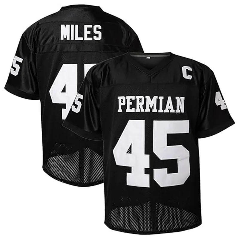 Movie PERMIAN Football Jersey MILES #45 Mens American Rugby Clothing Breathable Tops Quick Drying Sewing Soccer Jerseys Black