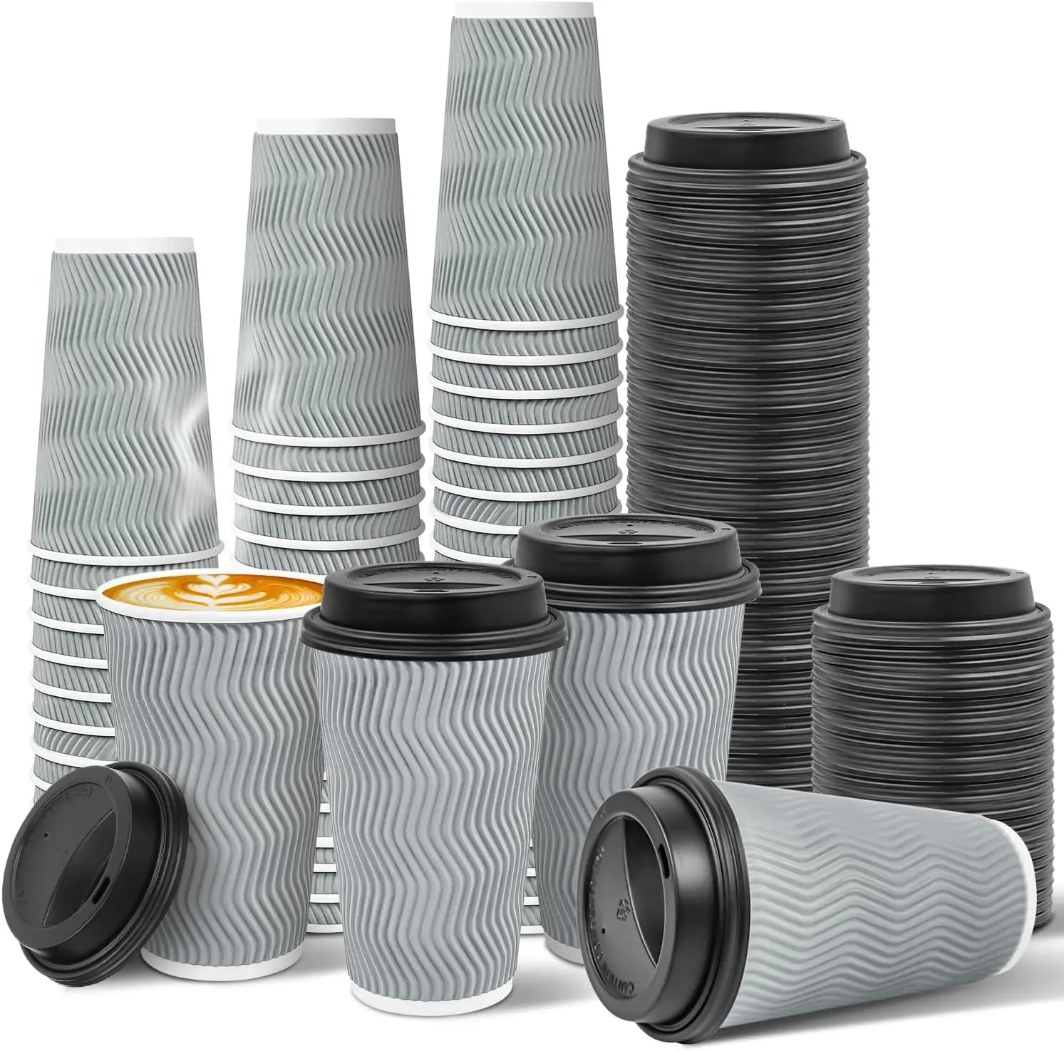 

100 Pack 16 oz Disposable Insulated Coffee Cups With Lids, Double-Walled Ripple To Go Paper Travel Cups for Hot Drinks -
