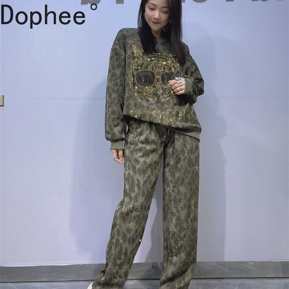 

Domineering Tiger Head Hot Drilling Women Two-piece Set Autumn Long Sleeve O-neck Pullover Hoodie Top + Casual Straight Pants