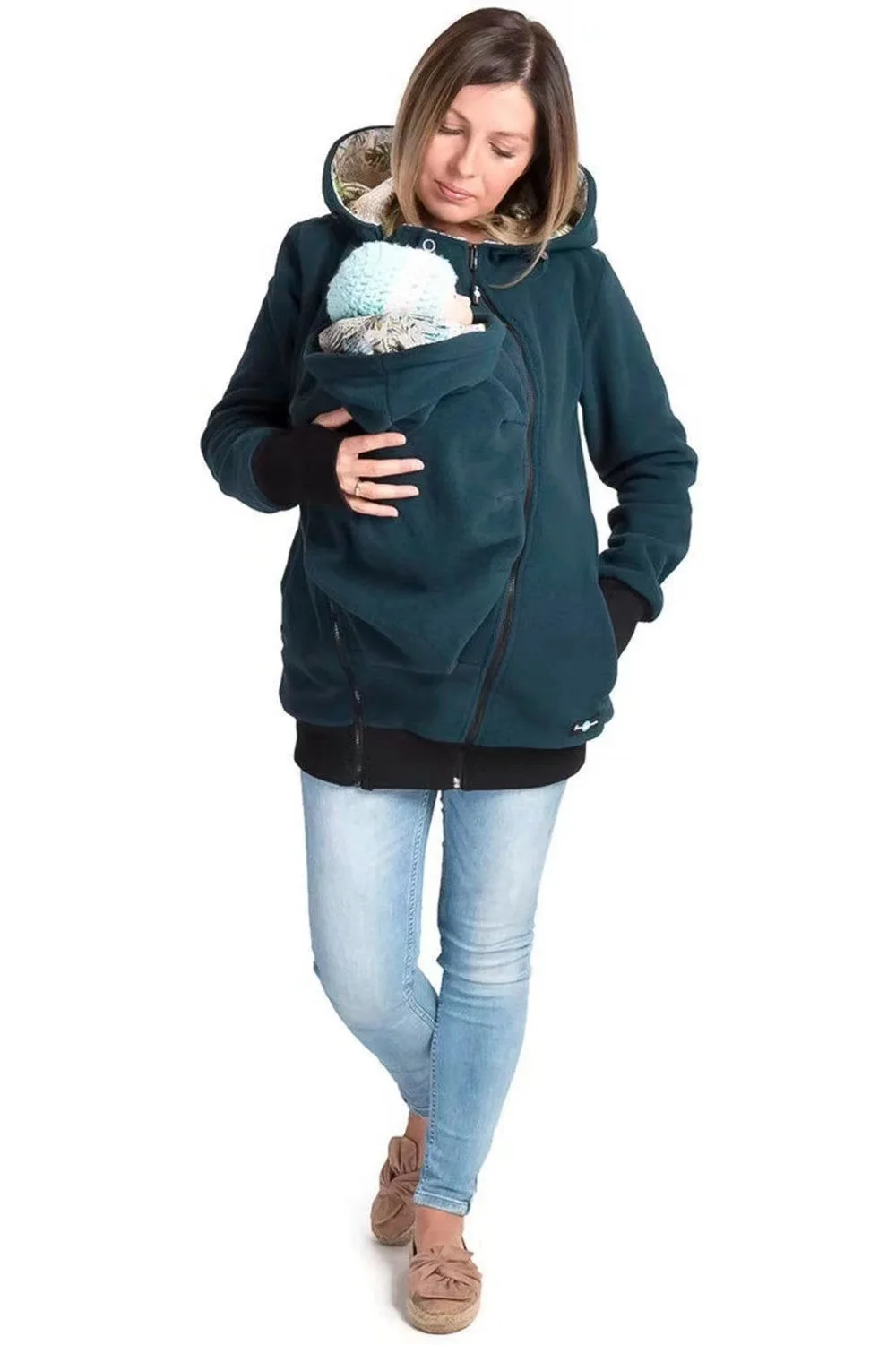 Women\'s Thick Warm Kangaroo Baby Carrier Hoodie Sweatshirt for Mom and Baby Maternity Coat Fleece Jacket