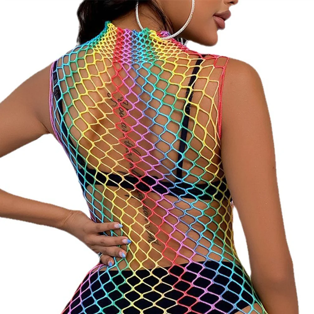 Damenkleid Regenbogen-Bademode Gestreifter Netz-Badeanzug Bikini Durchsichtiger Mesh-Bodysuit Strandkleidung Sommer-Tanz-Festival-Kleidung – Detail 6