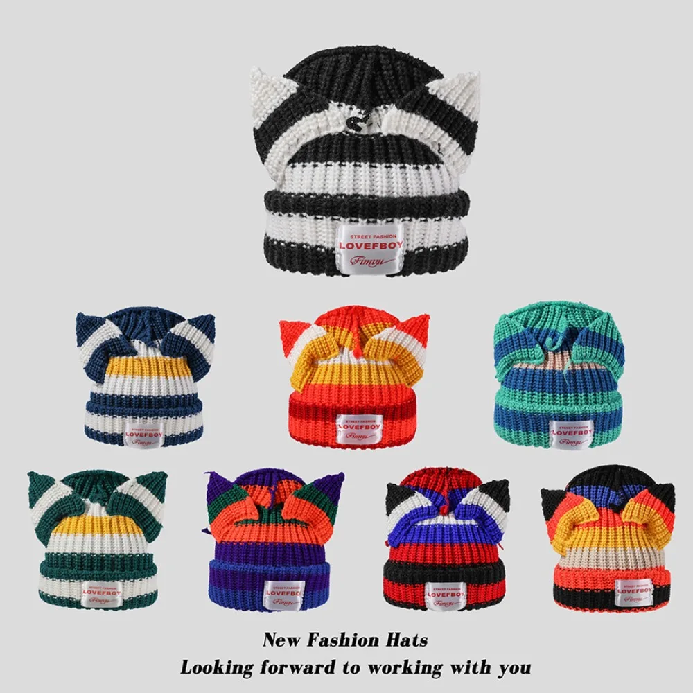 Fashion Double-layer Loverboy Cat Ear Knit Hat Hooded Cap Niche Design Pig Ear Woolen Hat Thicked Warm Ear Protection Hat Unisex