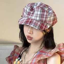 Korean Version Retro Plaid Contrasting Color Berets Caps for Women Summer Sunscreen Versatile Chain Design Octagonal Hats Y2k