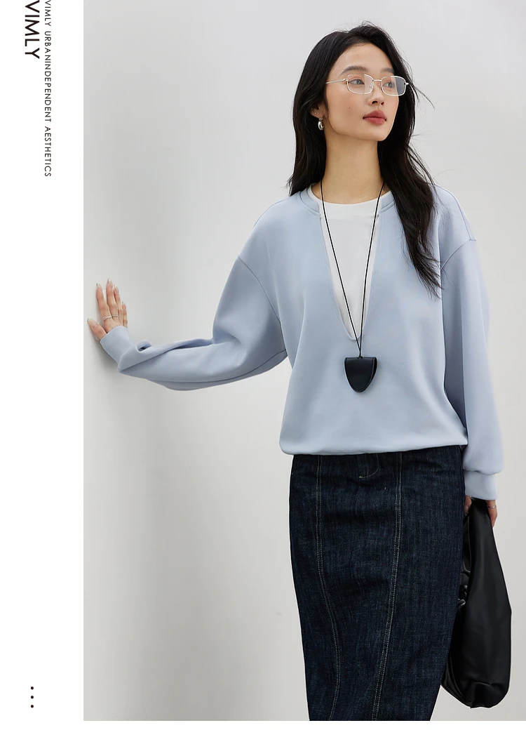 VIMLY 2 in 1 Women's Blue Sweatshirt Ladies Spring V-neck Long Sleeve Tops for Woman 2025 Casual Pullover Female Clothing A0296