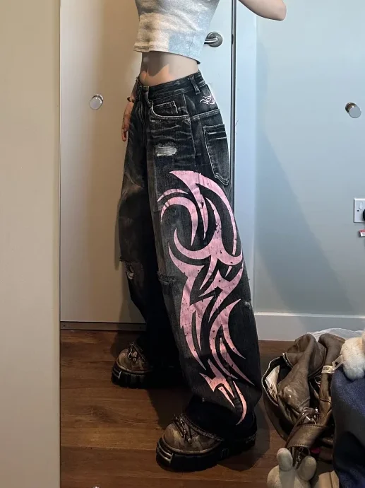 

Оригинальные американские ретро-пятнистые тотемные принты, свободные широкие джинсы, женские весенне-осенние джинсовые брюки, повседневные джинсовые брюки с высокой талией для девочек