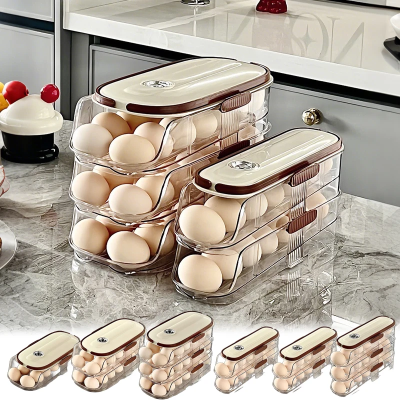 

Auto Rolling Egg Storage Box Multi Tier Dispenser for Refrigerator Side Door Large Capacity Kitchen Food Transparency Organizer