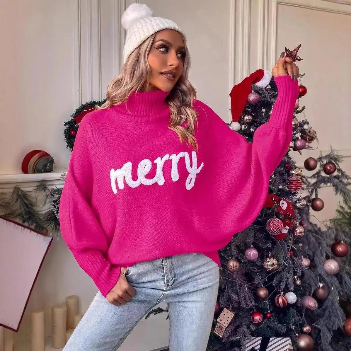 

Loose Knitted Sweater High Ne Batwing Sve Women's Autumn Winter Street Sle Pullover Cisas Vntine's Day Faion