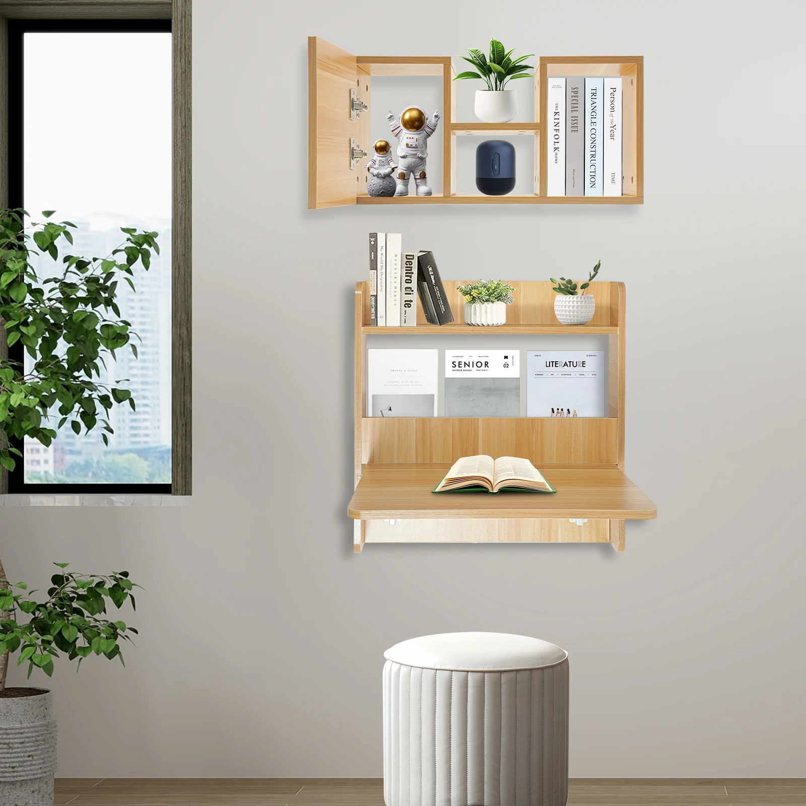 60cm Wall Mounted Desk with Bookshelf, Floating Writing Table 50kg Capacity for Small Space, Dormitory and Apartment Office