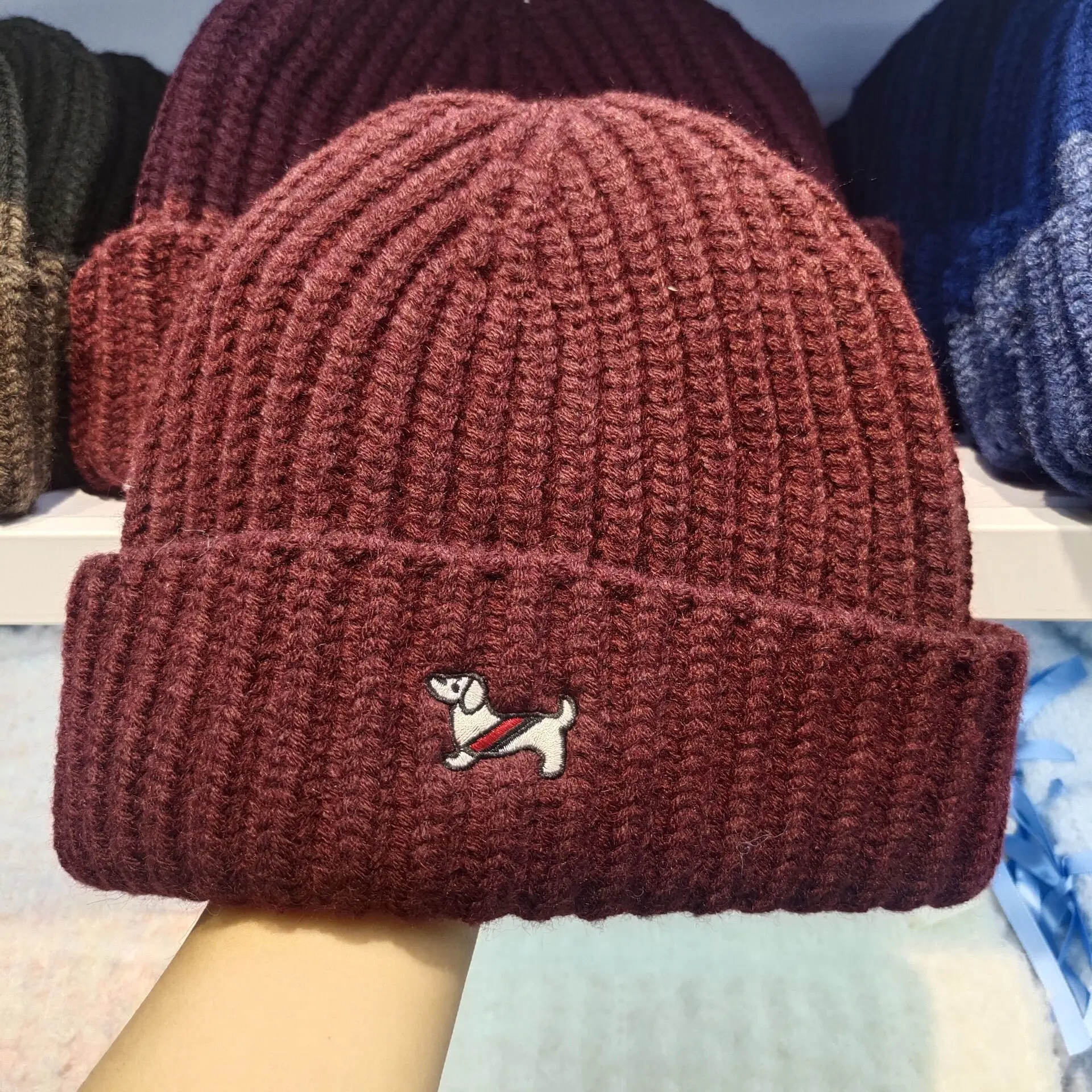 Solid Men's Women's Knitted Beanies Curl Up Keep Warm Cute Dog Embroidery Oversize Winter Skullies Beanie Cap Hats New 2024