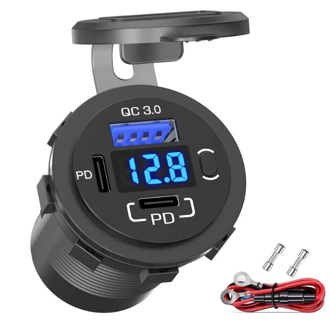 

12 В USB автомобильное зарядное устройство, розетка QC3.0 и порт PD, адаптер зарядного устройства для быстрой зарядки с переключателем для автомобиля, мотоцикла, автофургона