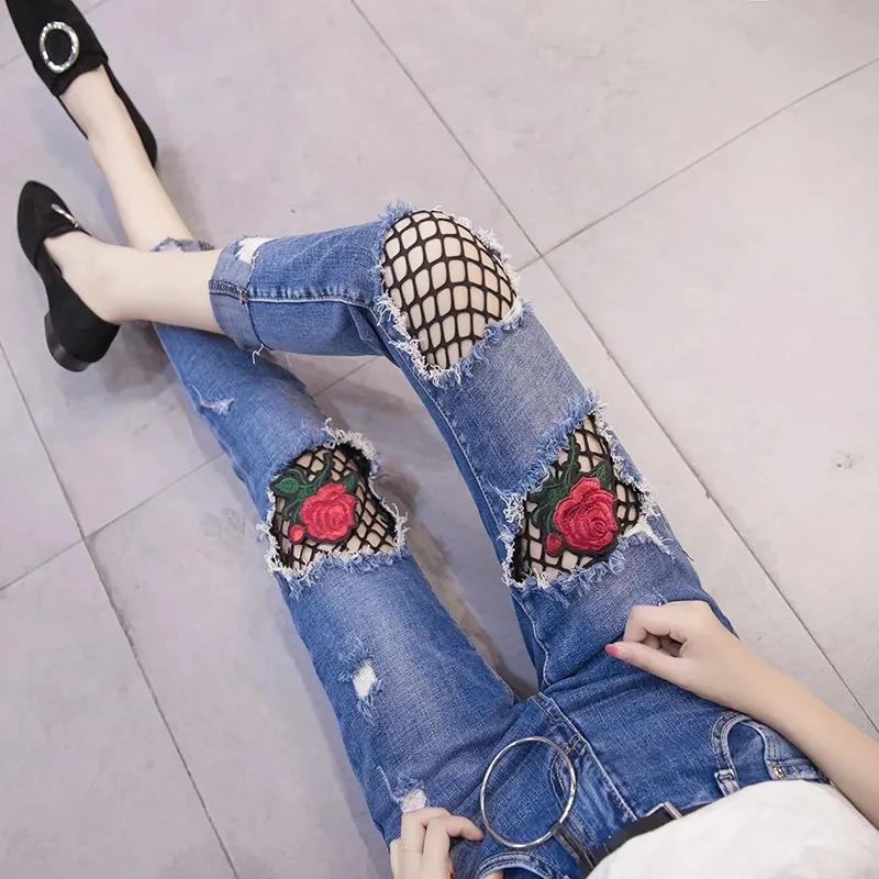 Spring Summer New Broken Rose Mesh Hole Jeans Women's Slim Beggar Pants Ankle Length Stretch Denim Pants Femme Pencil Jeans 1160