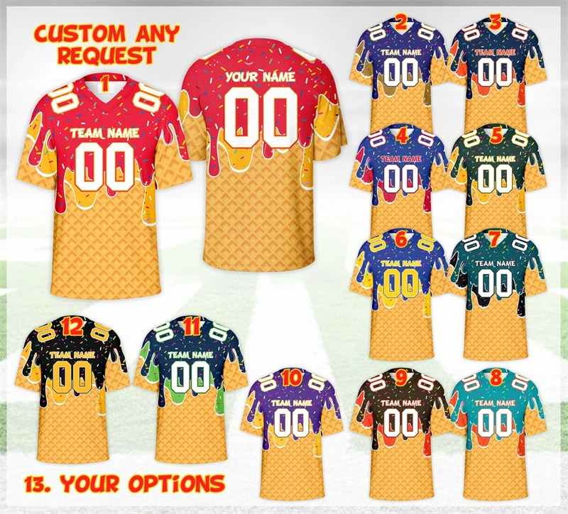 Camiseta de Fútbol con Estampado 3D Divertido de Helado, Cuello en V, Nombre y Número Personalizados, Uniforme con Diseño Original, Nueva Tendencia