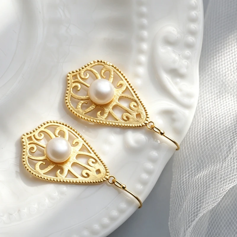 925 Sterling Silver Retro Filigree Scroll Teardrop Earrings Natural Freshwater Pearl 24K Gold Plated Earring Daily Wear Jewelry