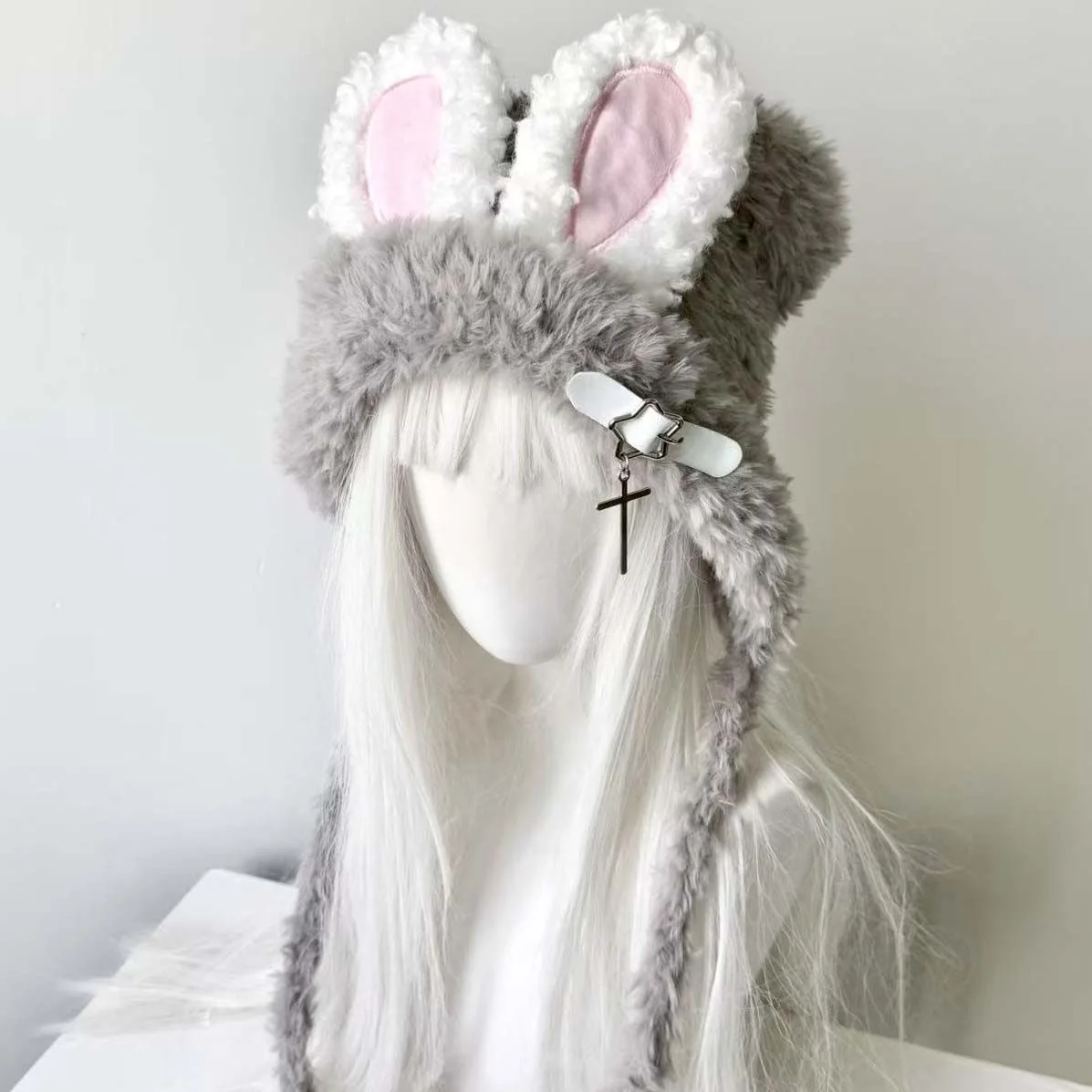 Mulheres harajuku gótico lolita pelúcia coelho orelha gorro chapéu japonês y2k menina fivela cruz urso orelha boné inverno quente chapéu de malha
