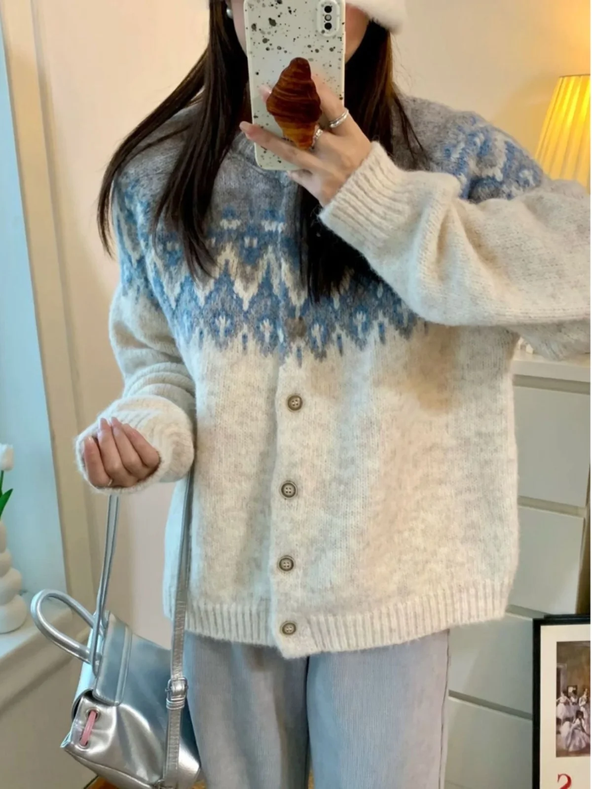 

Корейский свитер Sle Fair Isle Round Ne, открытый кардиган, мягкий пухлый свободный универсальный осенне-зимний новый поступление, длинный све