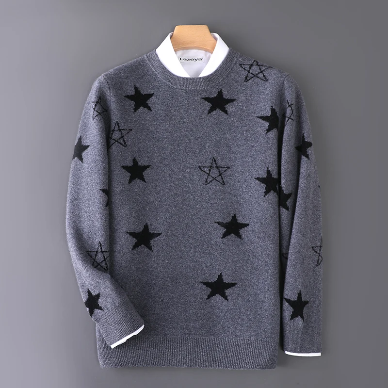 

DjzDsm Autumn and Winter O-neck 100% Merino Wool Knitted Sweater Casual Long Sleeved Men's Clothing Star Pattern Base Sweater