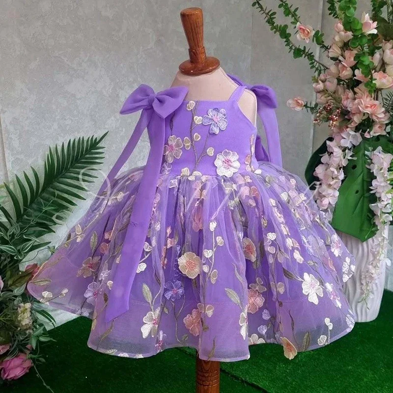 2026Purple Strappy Christening Gown Baby Floral Flower Girl Formal Ceremony Matching Girl First Birthday Baptism Dress