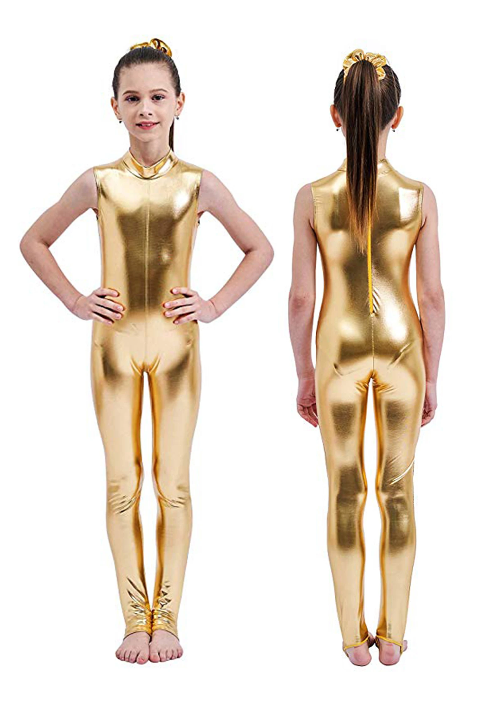 

Aoylisey Kids Dance Shiny Metallic Unitard Gymnastics Jumpsuits Mock Neck for Girls Boys Child Bodysuits Cosplay Costume