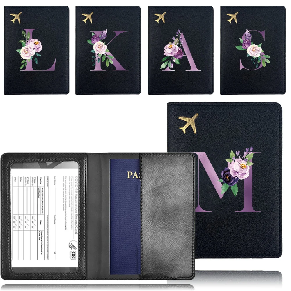 Passport Cover PU Passport Sleeve Holder Bank Business Name Card Organizer Case Pocket Purse RFID Blocking Purple Letter Pattern