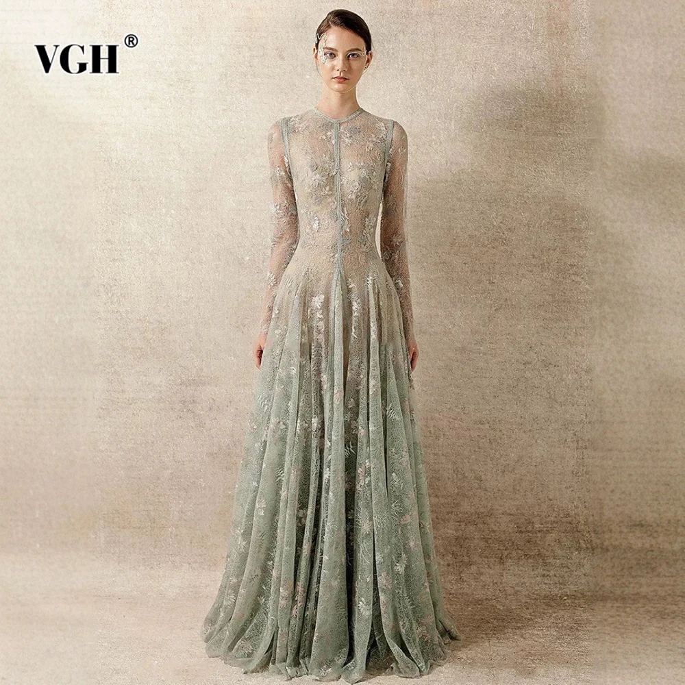 

VGH Temperament Printing Slimming Evening Dresses For Women Round Neck Long Sleeve High Waist Folds Elegant Dress Female Style