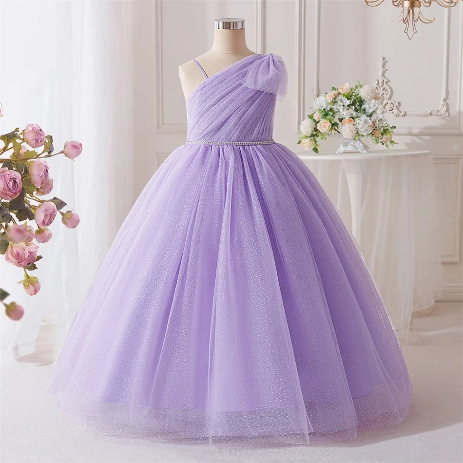 New Girls Purple Sequins Fluffy Dress Princess Violet Dress Children Slanted Shoulder Bow Wedding Dress Teen Piano Costume ASQ03