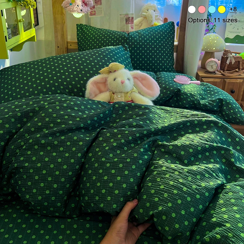 Dark‑Green Polka‑Dot Bubble Crinkle Microfiber Bedding Set,1 Duvet Cover,1 Flat Sheet & 2 Pillowcases,Soft Breathable Bed Linens