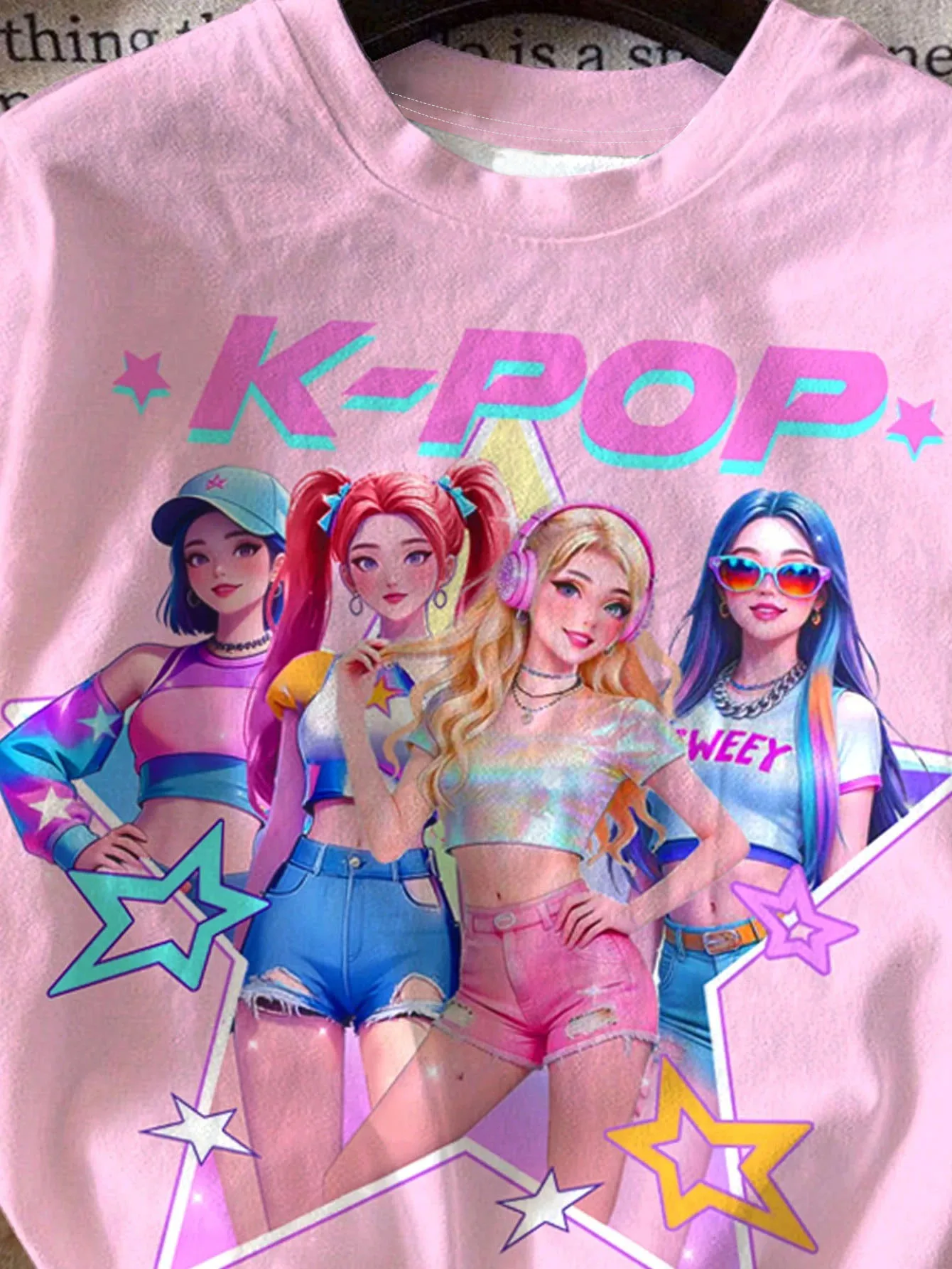 2-teiliges Mädchen-Outfit, übergroßes T-Shirt mit K-POP-Girl-Group-Star-Print und Biker-Shorts-Set mit Sternenmuster – Detail 3