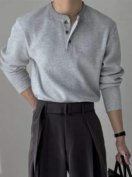 American Retro Henry Collar Long Sleeve T-Shirt Men's Casual Loose Fit  Shirt Youth Popular Standard Tailoring Breathable...