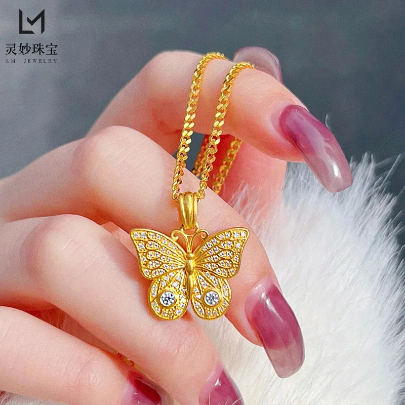 The same new model in the gold store, ancient 24K real gold moissanite diamond butterfly pendant necklace for women 9999 inlaid