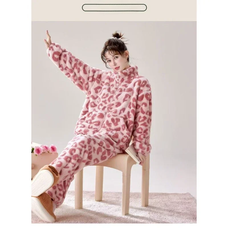 Autumn Winter Pajamas Women Fashion Homewear Sets Famale Personality Tide Nightgown Two-piece Pad Home Sleep Clothes Plush Suit