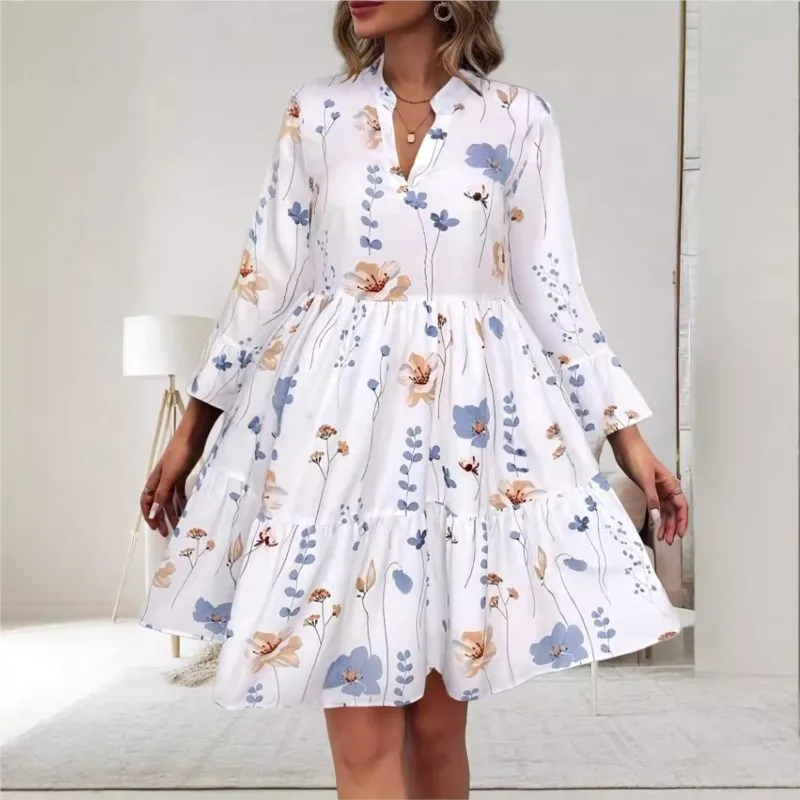 Elegant Ladies' Trendy Autumn White Dress New With Flower Print V-neck Cover Waist Cinched Lantern Sleeves A-line Swing Dress