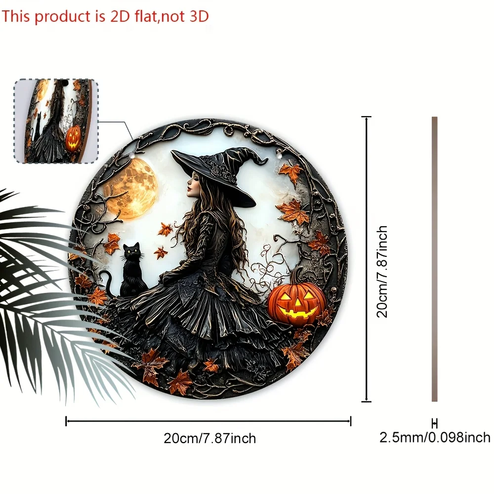 مسطح ثنائي الأبعاد، قطعة واحدة، 7.87 بوصة لافتة خشبية لساحرة الهالوين والقطة السوداء - لافتة عيد الهالوين اليقطين الإرهابية الفريدة للباب الأمامي، معلقة على الحائط #6