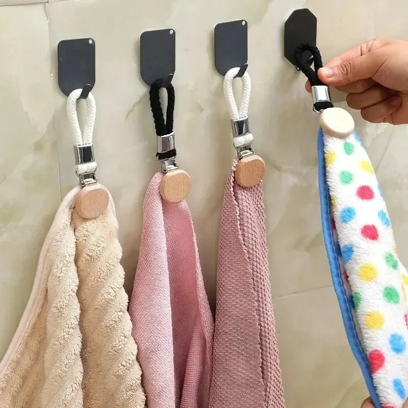 1-6pcs Household Bathroom Towel Clip Multi Functional Non Perforated Kitchen Towel Clip Woven Rope Beech Wood Round Head Storage
