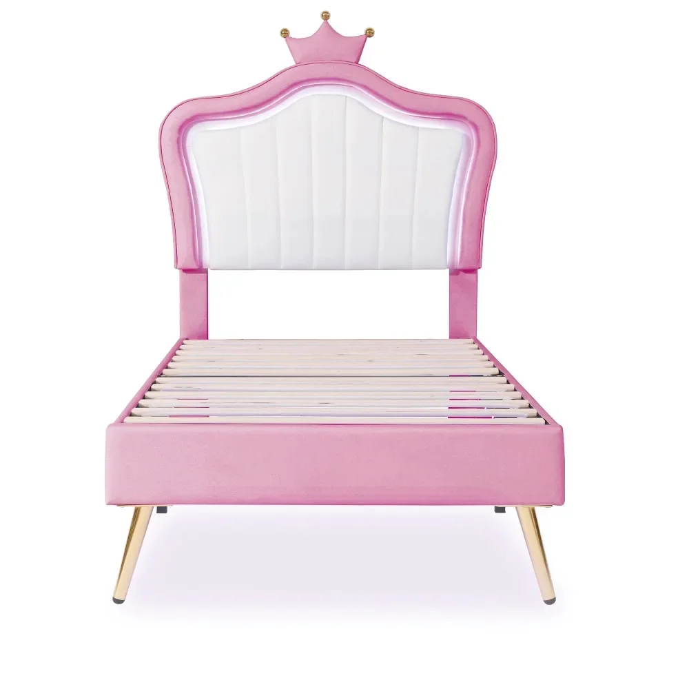 

Twin Size Upholstered Platform Bed with Crown Headboard, Pink Princess Bed with LED Light, Low-profile Upholstered Princess Beds
