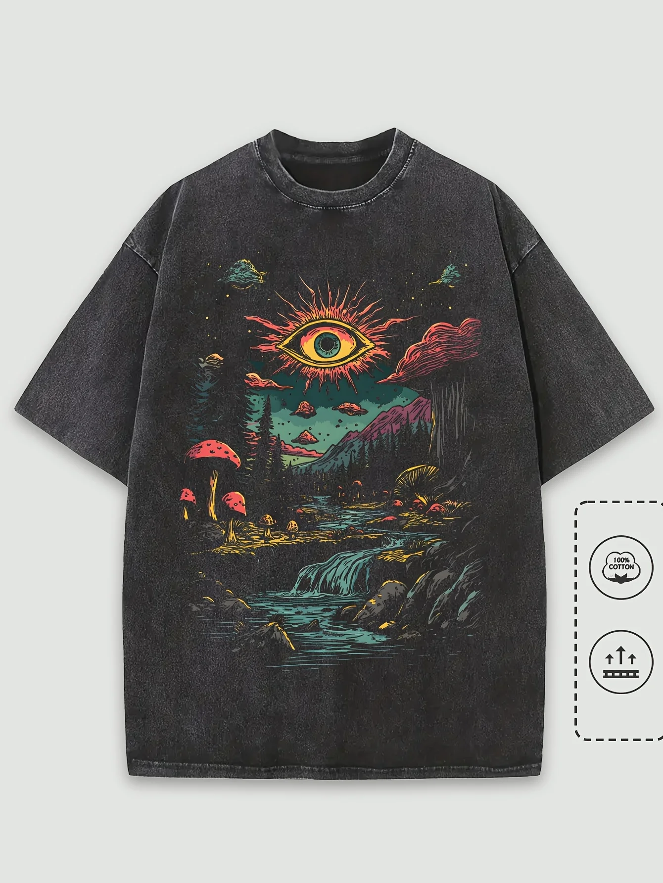 Vintage Men's Washed Cotton Graphic T-Shirt Dark Fantasy Forest Glowing Sun Eye Print Soft Streetwear Top Tee Unisex