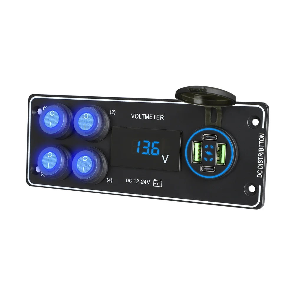 4 Position Switch Panel with for pd .0 Fast Charging Ports Digital Voltmeter and LED Indicator Lights for 12V 24V Cars for rvs
