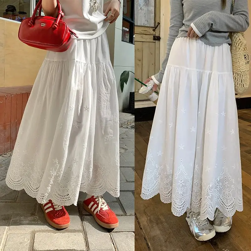 

Gagarich 2025 White Midi Women Summer High Waisted A-line Lace Skirt Hollowed Out Lace Embroidered Cake French Long Skirts