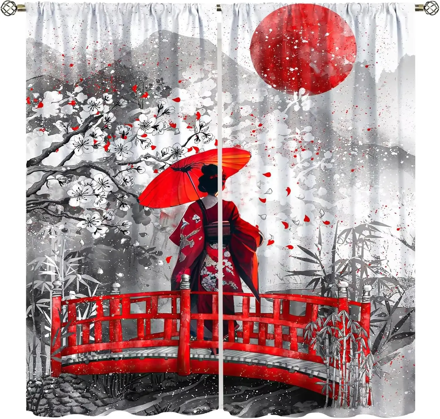 Asian Japanese Curtains Geisha Girl with Cherry Blossoms Traditional Kimono Folk Culture Style,Rod Pocket Drapes for Living Room