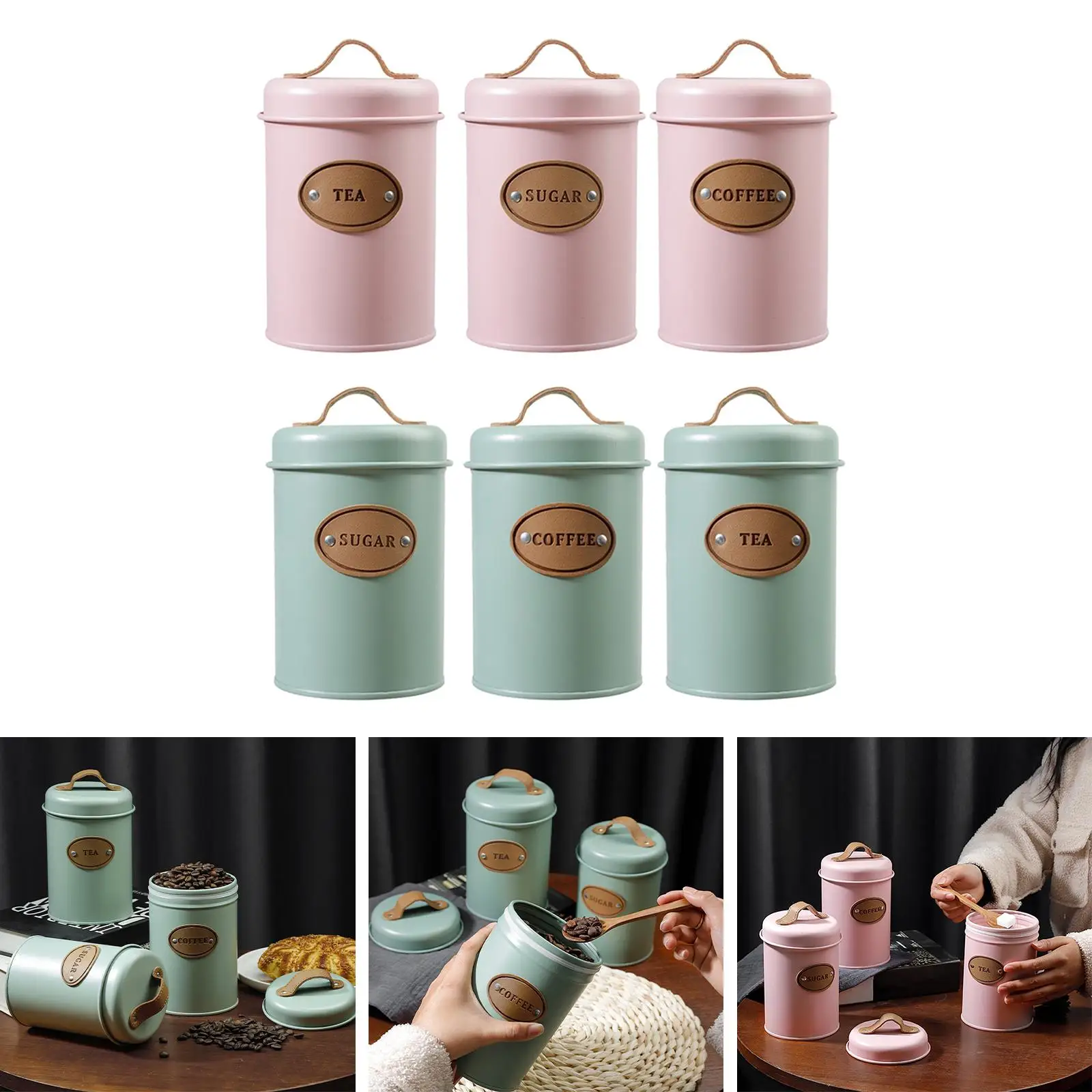 3-Piece Multipurpose Kitchen Container Set for Coffee And Sugar Tea Lid, 501-800ml Coated Galvanized Iron Storage Jar