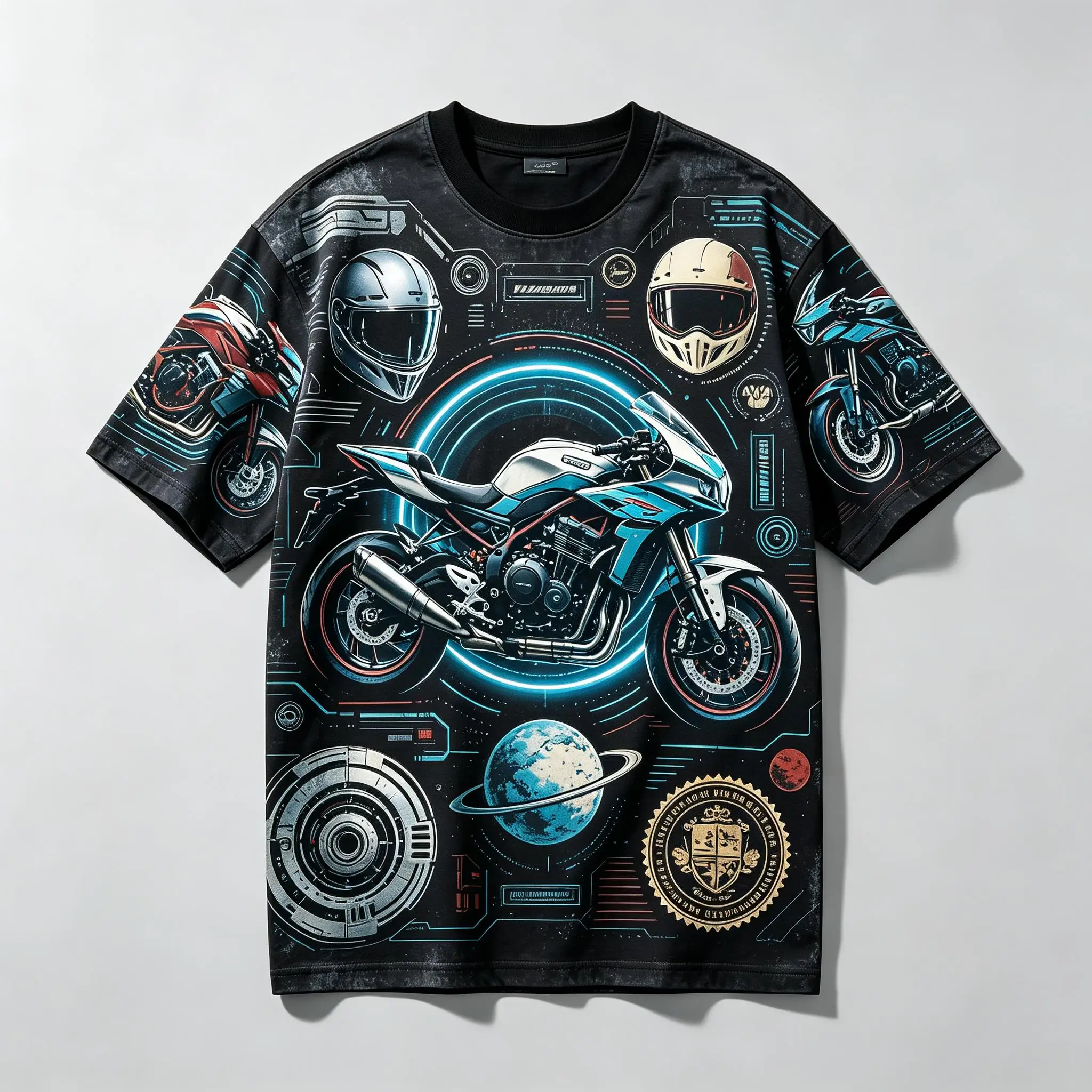Men Crew Neck Short Sleeve T-shirt, Black Cyber Motorcycle Helmet Planet Tech Dashboard Print Casual Top