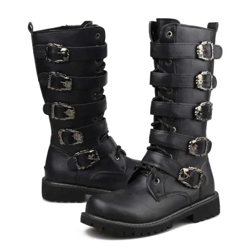 Botas equestres masculinas, sapatos de carreira de escritório ao ar livre na moda, decoração de fivela, preto, básico, inverno