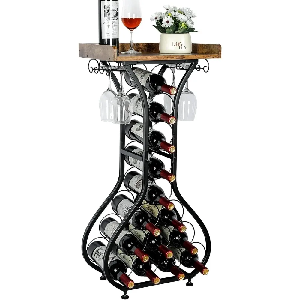 Wine Rack Freestanding Floor, Mini Bar Table Wine Holder Stand Liquor Cabinet with Glass Holder Wood Tabletop