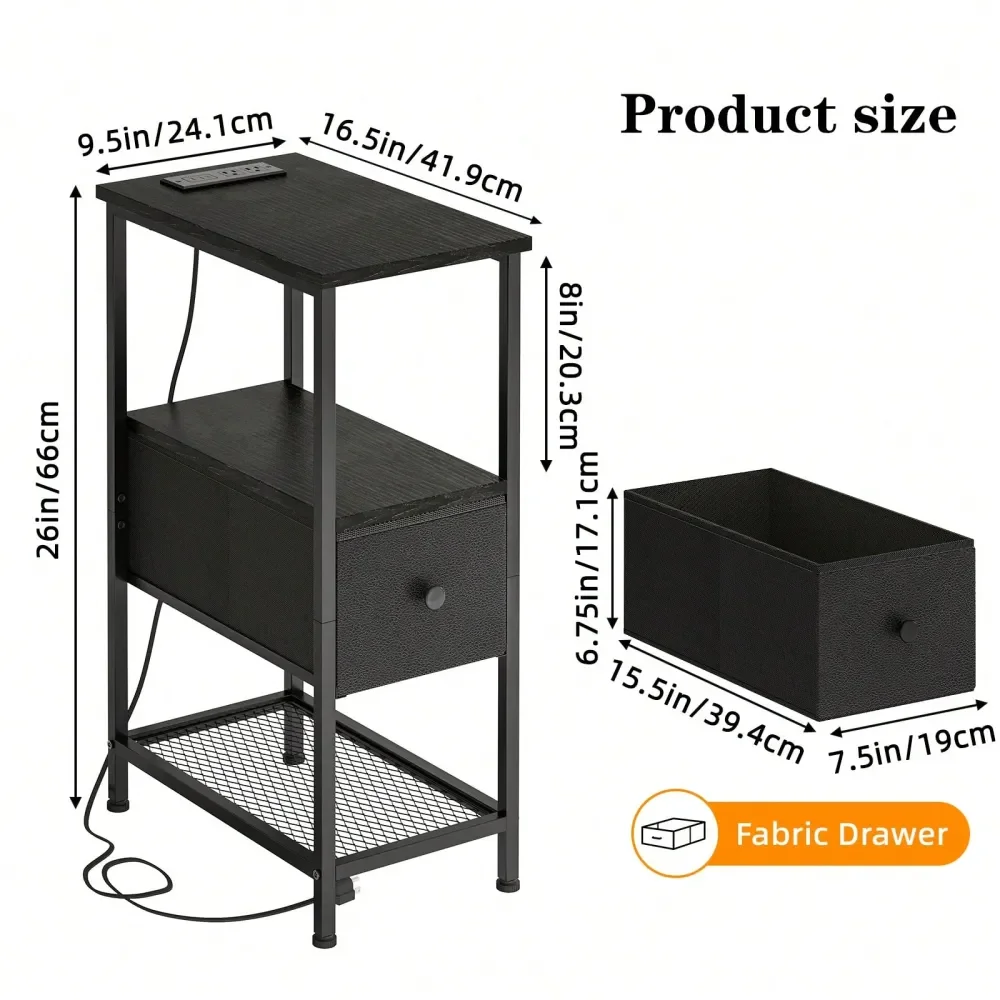 1 Fabric Drawer Narrow Nightstand With Charging Station And LED Light, Skinny Side Table, Slim End Table For Bedroom, Dorm, Sma