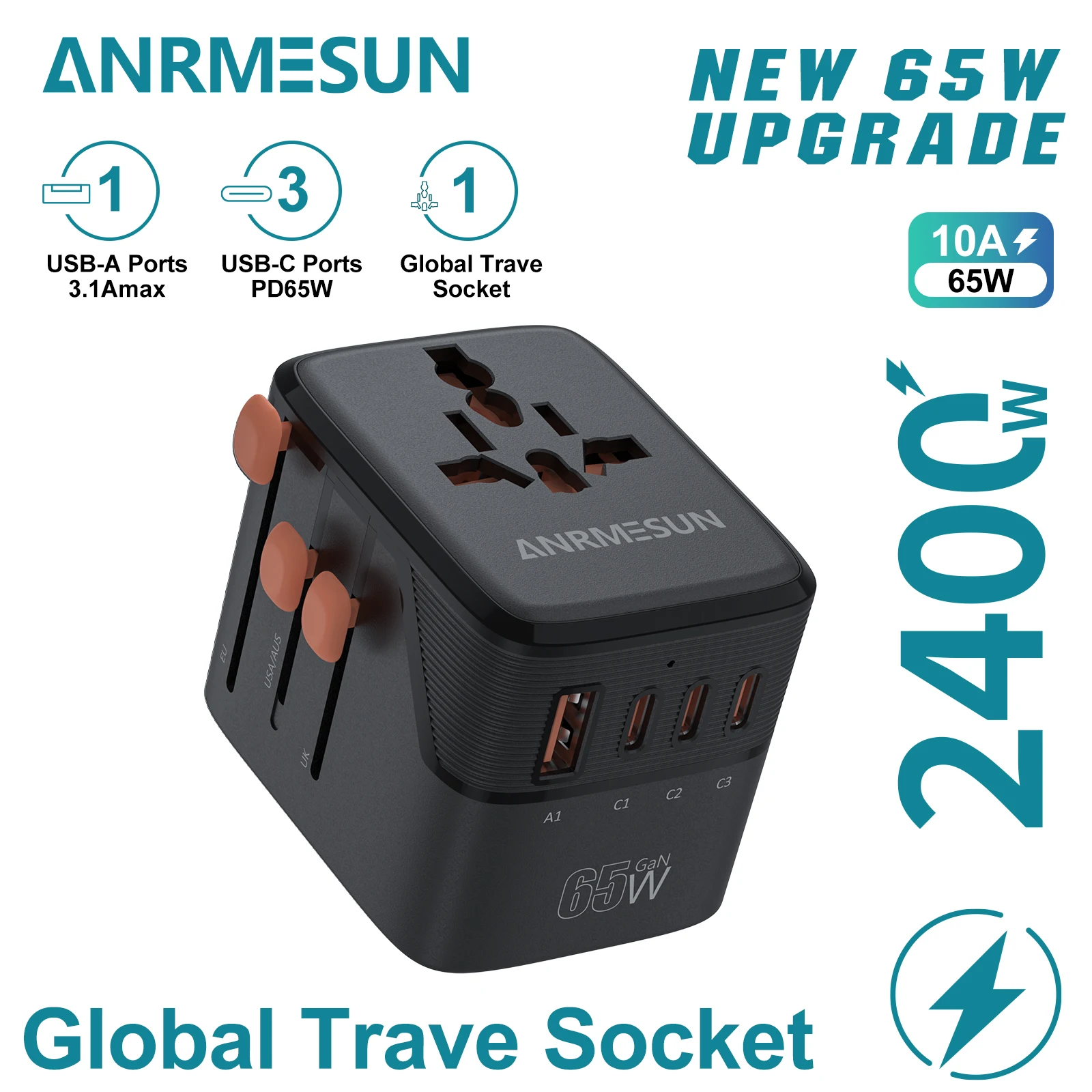 Universele reisadapter met 4 stopcontacten 1 USB-poort 2 Type-C PD 25 W Alles-in-één snel opladen op EU UK US AUS-stekker opladen