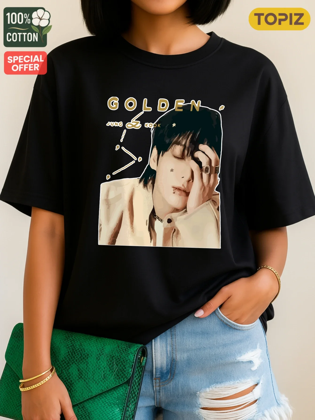 T-shirt da donna, top casual girocollo a maniche corte, maglietta grafica, Golden Time con stampa Jimin, 100% cotone