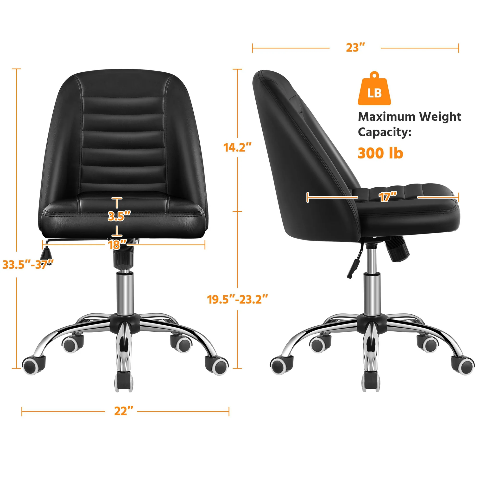 Office Chair Mid Back PU Leather Armless Desk Chair Modern Vanity Chair with Rolling Wheels Metal Base for Home Workspace Study Room Bedroom, Black