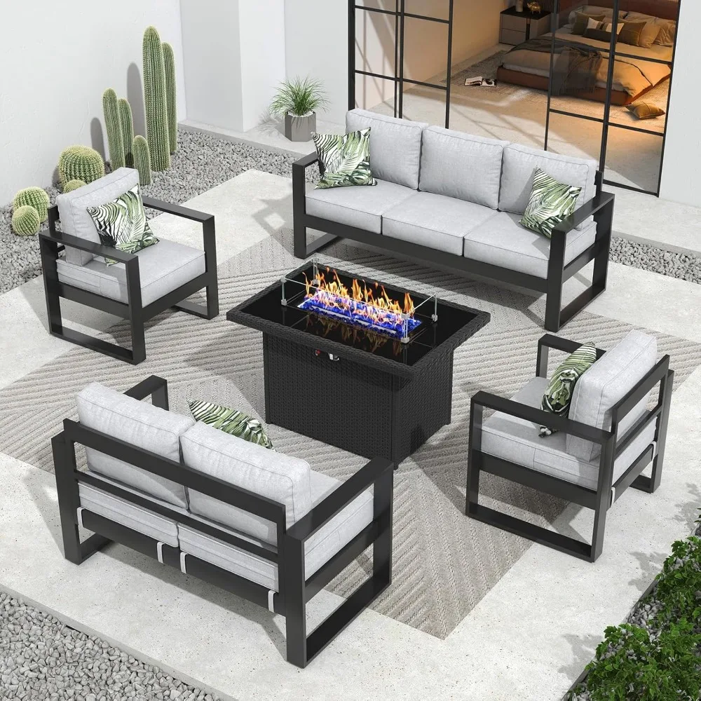 

Outdoor Aluminum Furniture Set with Fire Pit Table - 5 Pieces Modern Patio Conversation Sets Metal Sectional Sofa Set